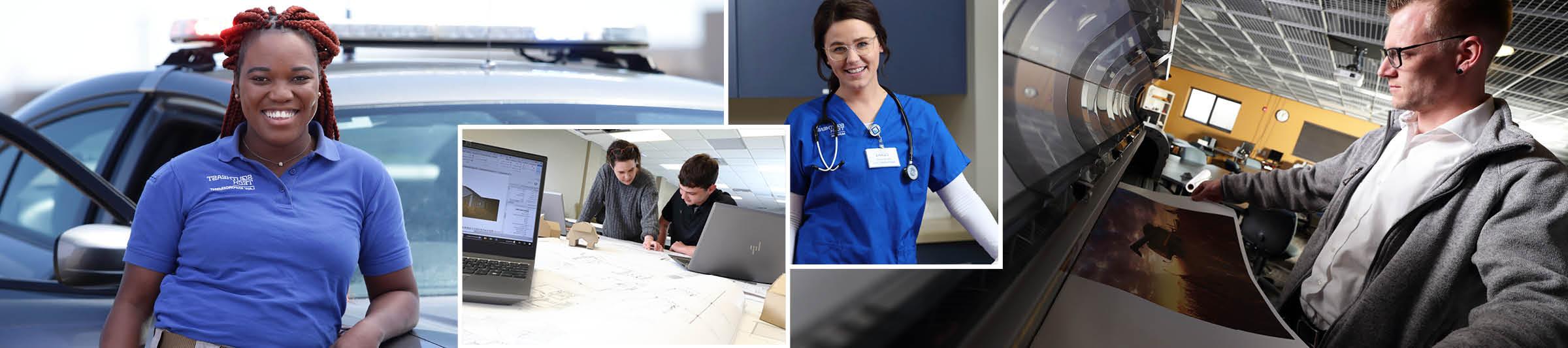 4 image collage: male student at large format printer, brown-haired girl in nursing scrubs, two students looking over architectural drawings, law enforcement student near student patrol vehicle